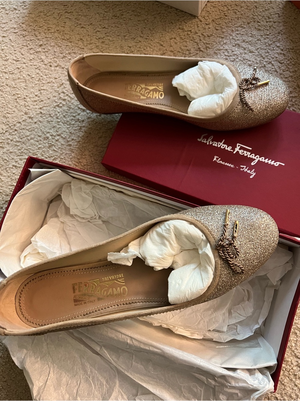 Salvatore Ferragamo Women's Glitter Ballet Flats in Gold Tone